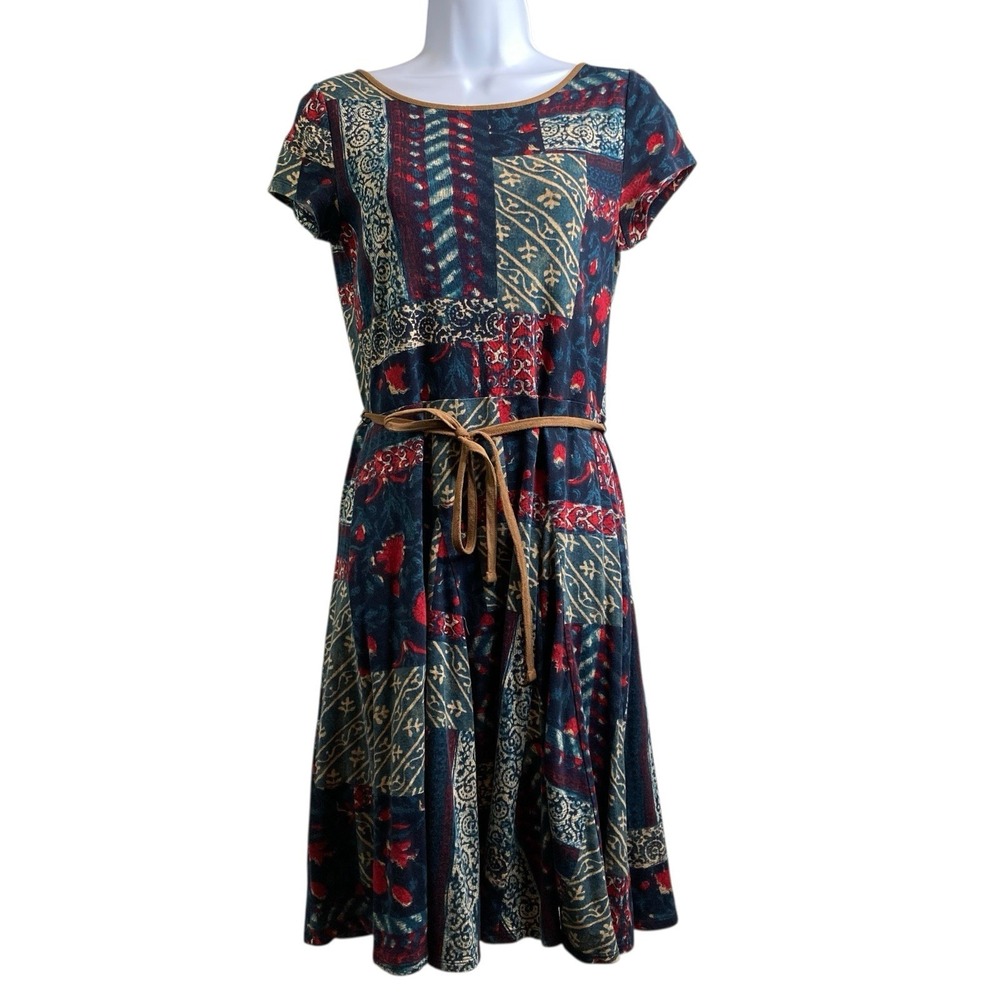 Lauren Ralph Lauren Boho Patchwork Midi Dress M Western Faux Suede Belt Prairie‎